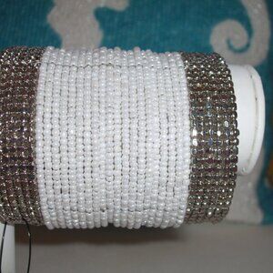 CHICO'S WHITE & SILVER BEADED STATEMENT CUFF BOHO BRACELET NWT
